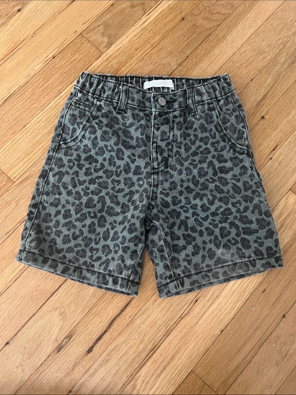 Zara Olive Green Leopard Print Denim Kids Shorts